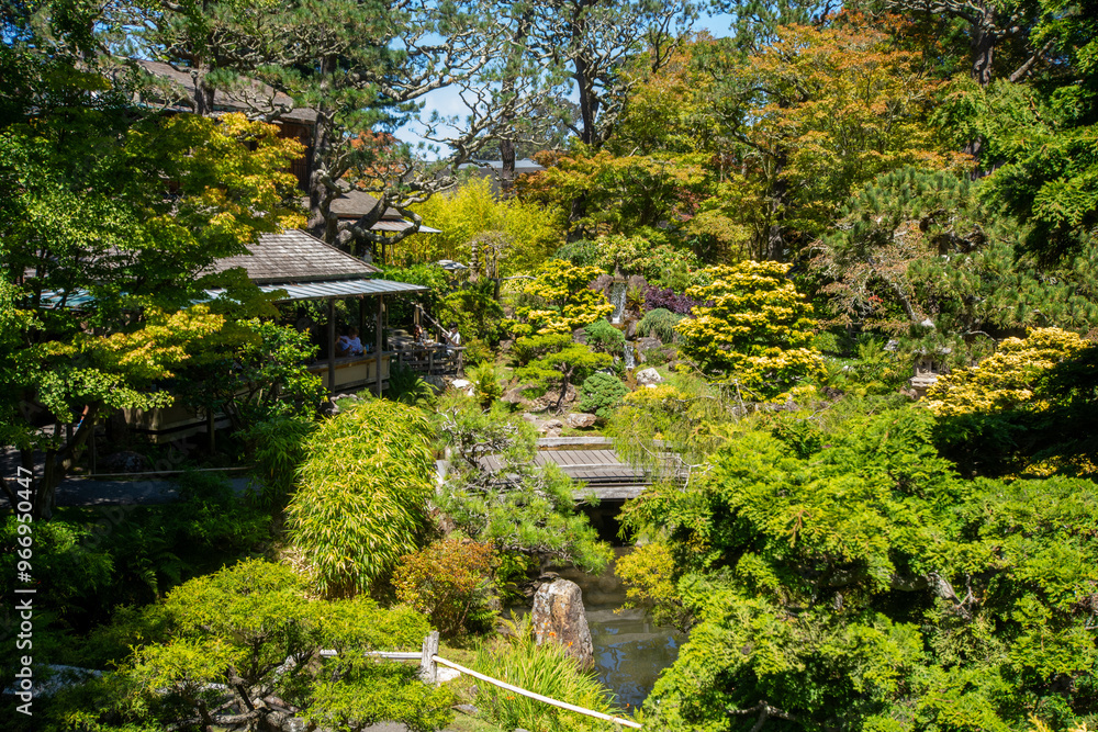 Japanese Tea Garden San Francisco colorful wooden pagoda and surrounding trees. Japanese Tea Garden San Francisco colorful wooden pagoda and surrounding trees.
