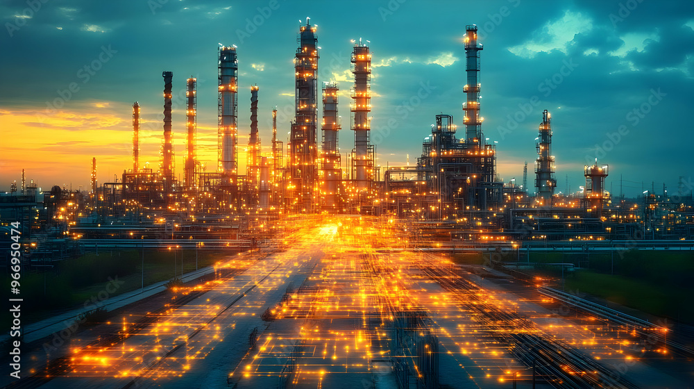 Fototapeta premium A vibrant industrial scene at sunset, showcasing refinery structures and glowing lights.