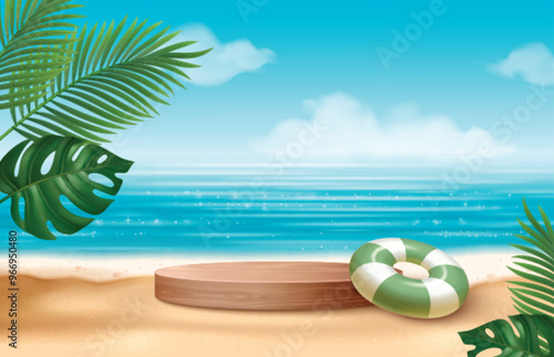 Wooden podium on summer beach background. Vector realistic illustration of round platform for product presentation, exotic plant leaves, rubber ring on sandy coast, blue sea water, sky with clouds