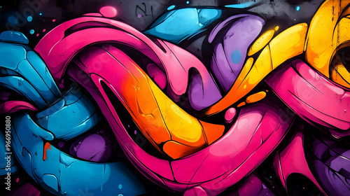 A vibrant mural featuring i...