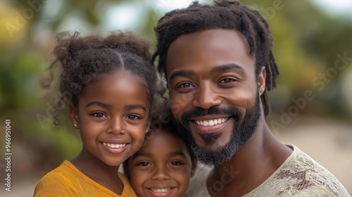  Father and two children smiling outdoors, close-up of happy family, bright daylight with green trees in the background, warm and joyful family moment