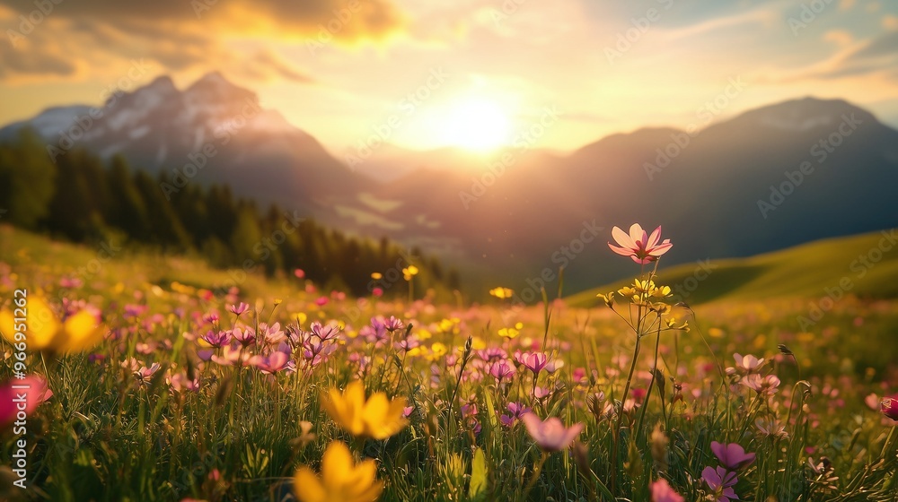 Obraz premium Scenic panoramic view of sunrise on hill landscape with blooming meadow and mountain peaks in the background, spring