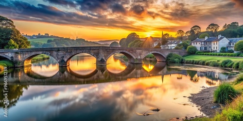 Sunrise over bridge and river Teign in Newton Abbot, Devon, England, Europe, with forced perspective photo