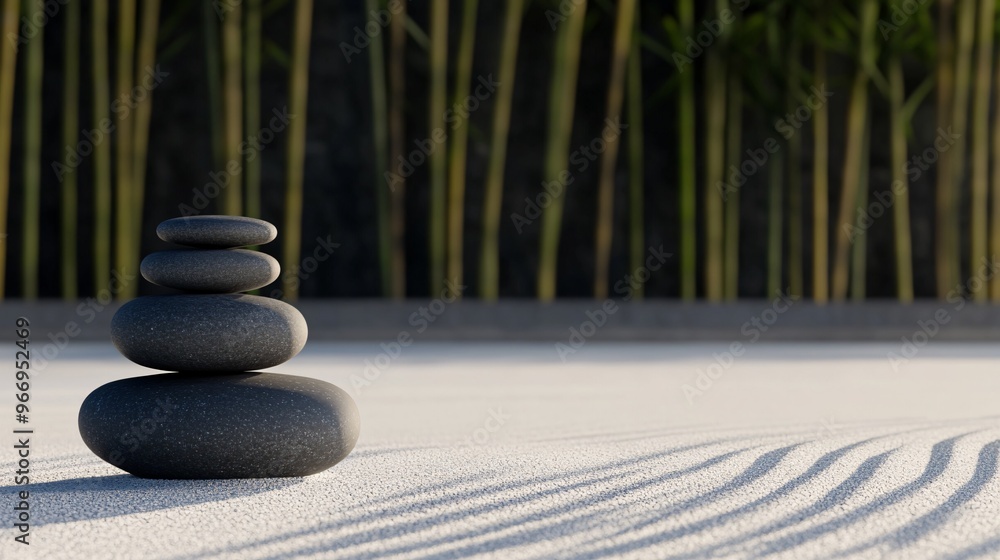 A stack of smooth black stones on sandy surface, surrounded by bamboo in a tranquil setting. A stack of smooth black stones on sandy surface, surrounded by bamboo in a tranquil setting.
