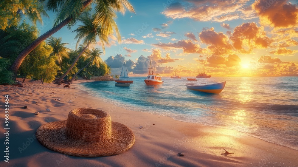 Obraz premium Beautiful tropical beach scene at sunset, featuring palm trees, a straw hat in the sand, and colorful boats on the horizon, glowing in the evening light
