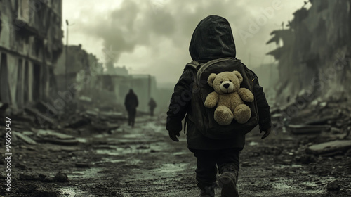 A small child wrapped in a dark hood slowly walks through the gloomy ruins, and a teddy bear on a backpack symbolizes a lost childhood.