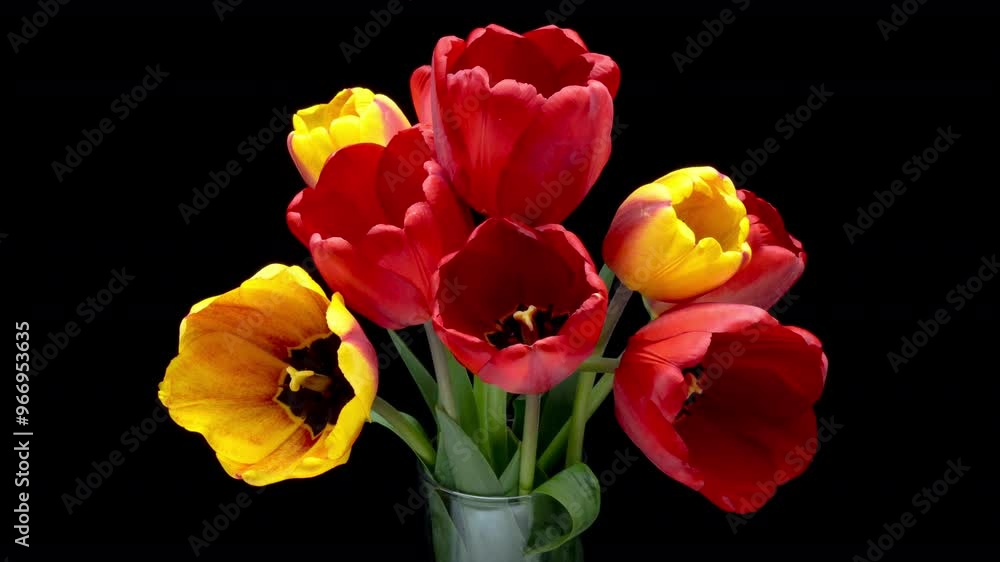 Tulips. Time lapse of red and yellow tulips flower blooming on black background. Time lapse spring bunch of tulip flowers opening, close-up. Holiday bouquet. Tulips. Time lapse of red and yellow tulips flower blooming on black background. Time lapse spring bunch of tulip flowers opening, close-up. Holiday bouquet.