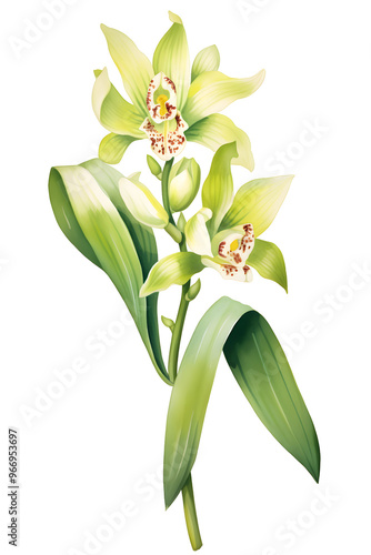 isolated prosthechea bud flower with stem, watercolor clipart for floral design and decorative nature projects