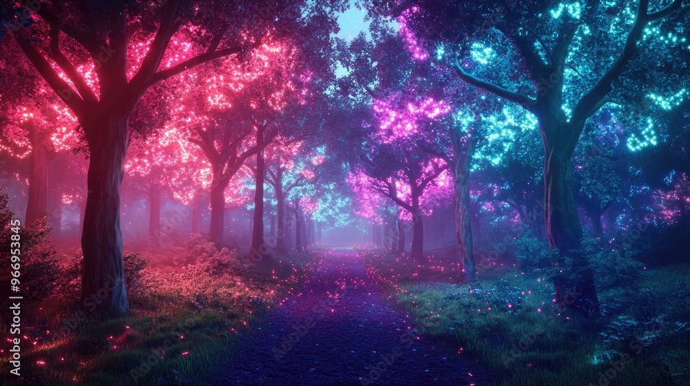 Magical forest aglow with neon lights, casting a fairy tale-like ambiance in a dynamic, dreamlike landscape full of enchantment Magical forest aglow with neon lights, casting a fairy tale-like ambiance in a dynamic, dreamlike landscape full of enchantment