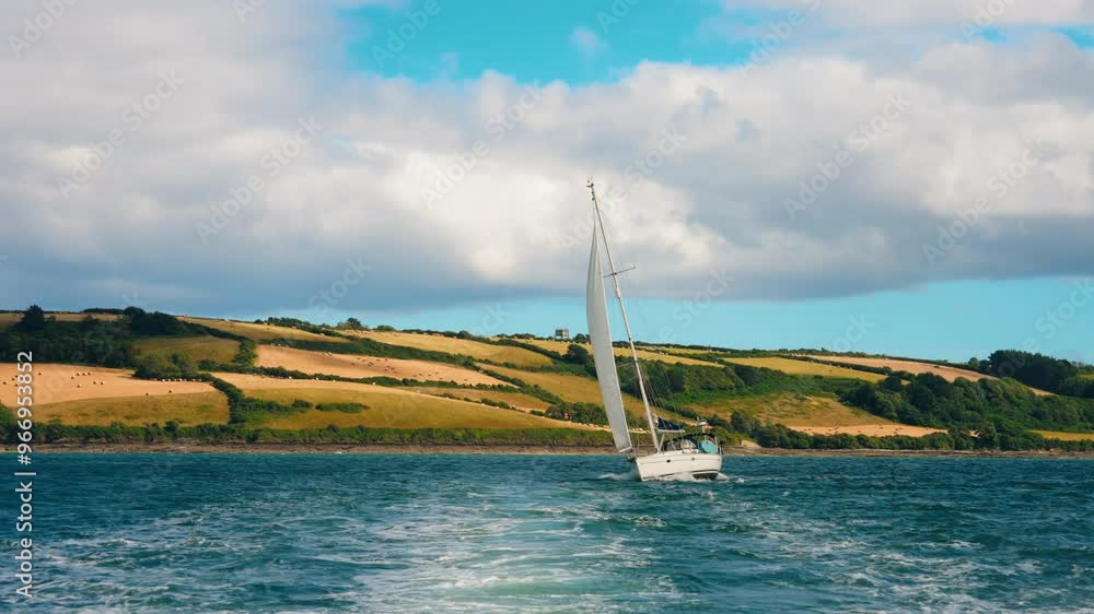 Boat ride discovering the Cornish landscape in the United kingdom. View of a sailing boat and the hay fields in the distance. Boat ride discovering the Cornish landscape in the United kingdom. View of a sailing boat and the hay fields in the distance.