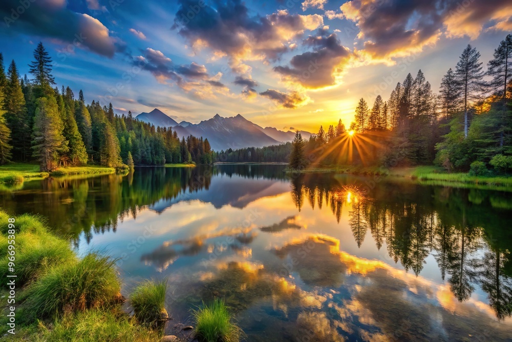 Naklejka premium Sunset over lake with forest and mountains in background, wild landscape nature scene