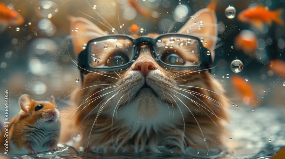 Underwater Adventure: Tabby Cat with Goggles, Hamster, and Red Fish in Surreal Aquatic Scene Underwater Adventure: Tabby Cat with Goggles, Hamster, and Red Fish in Surreal Aquatic Scene