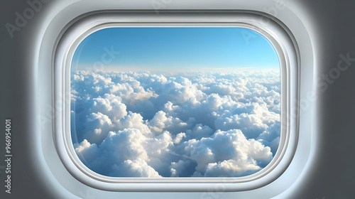 A view from an airplane window showcasing fluffy clouds and a clear blue sky.