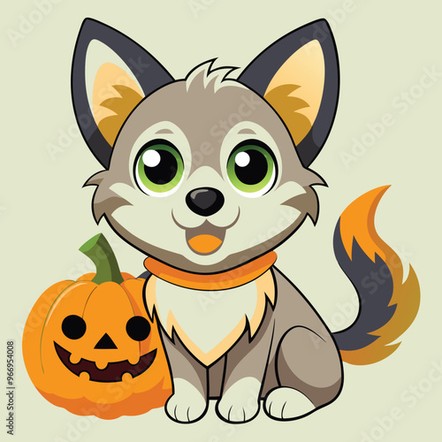 Cute cartoon siberian husky puppy on pastel background.