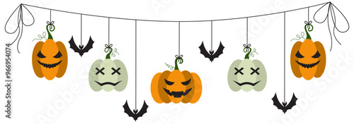 Halloween party decoration garland with bats, pumpkins, witch hat. Cute Jack O Lantern Evil Pumpkin Garland for Halloween. Simple banner hanging party classy decor vector element.
