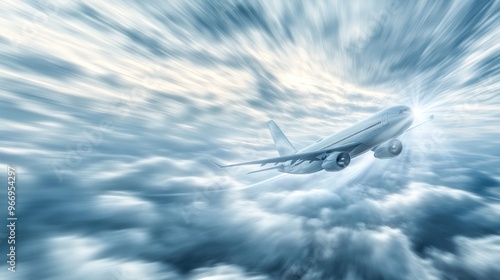 Flying plane with bright white-light grey speed rays, set in a dynamic, realistic background of clouds, showcasing fast-paced motion