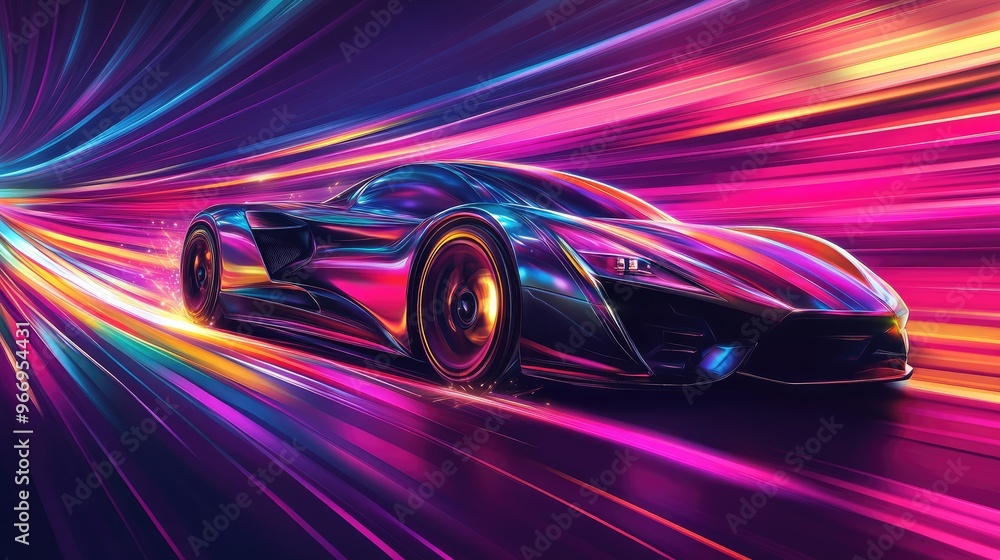 Futuristic supercar with colorful speed rays, racing through a dynamic background full of energy and movement in a vibrant vector design Futuristic supercar with colorful speed rays, racing through a dynamic background full of energy and movement in a vibrant vector design