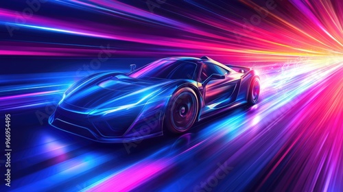 Futuristic supercar with vibrant speed rays, driving through a dynamic vector background filled with light and movement