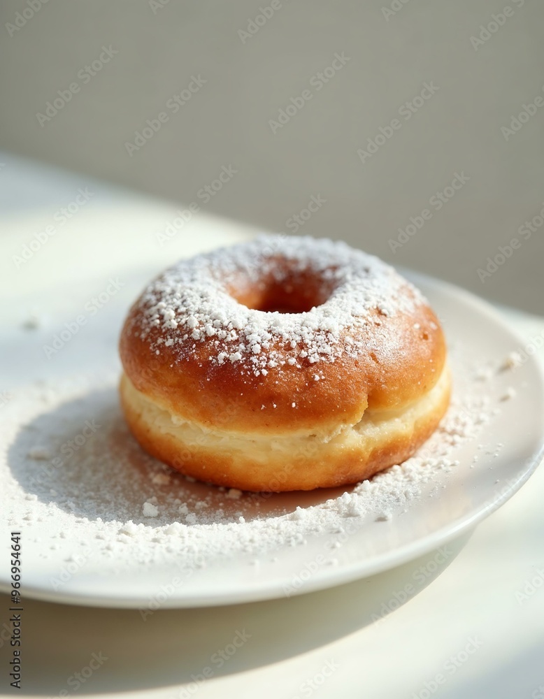Powdered Sugar Donut on White Plate. Classic Sweet Treat with Simple Elegance. Powdered Sugar Donut on White Plate. Classic Sweet Treat with Simple Elegance.