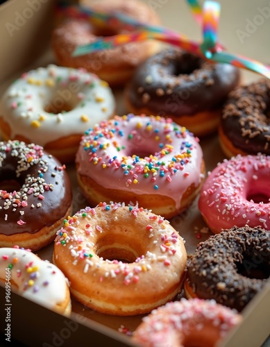 Box of Assorted Donuts. Delicious Donuts with Colorful Sprinkles and Glazes.