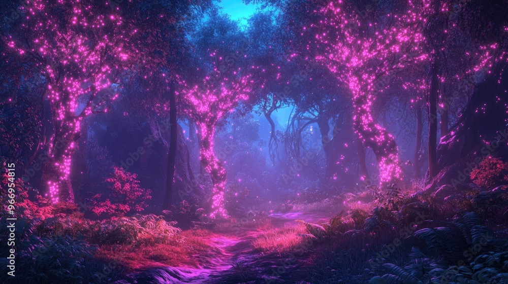 Fototapeta premium Magical neon-lit forest with glowing trees, creating a fairy tale ambiance in a dynamic, dreamlike landscape filled with enchantment