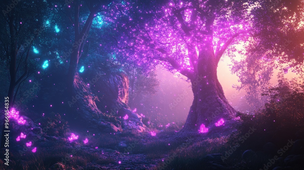 Magical neon-lit forest with glowing trees, creating a fairy tale ambiance in a dynamic, dreamlike landscape filled with enchantment Magical neon-lit forest with glowing trees, creating a fairy tale ambiance in a dynamic, dreamlike landscape filled with enchantment
