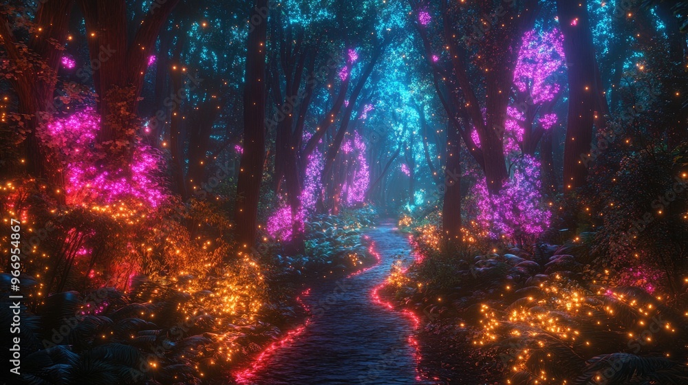 Mystical forest bathed in neon lights, creating a vibrant fairy tale scene in a dynamic, dreamlike landscape of glowing trees and enchanted paths Mystical forest bathed in neon lights, creating a vibrant fairy tale scene in a dynamic, dreamlike landscape of glowing trees and enchanted paths