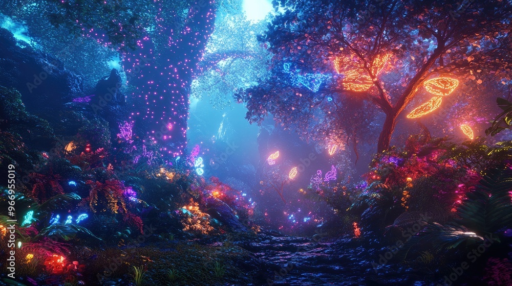 Fototapeta premium Neon lights glowing in a mystical forest, casting a fairy tale-like glow across a dynamic dreamlike landscape of enchanted trees and foliage