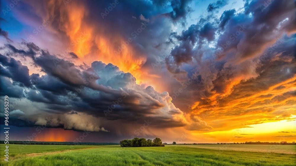 Obraz premium Sunset sky and storm clouds over a field Panoramic