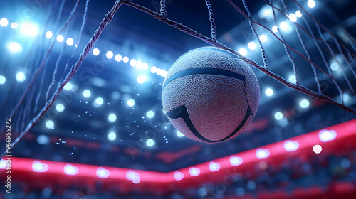 A volleyball is captured in...