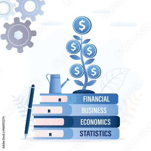 Education from reading book to develop skills an making money. knowledge to achieve success, profit, earnings. Pile of books, giant money tree growing from textbooks.