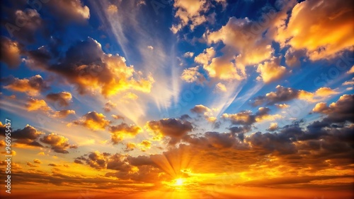 Sunset sky with orange yellow sunlight in golden hour, high angle view