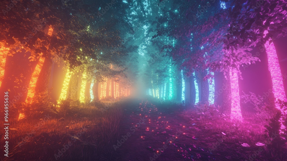 Fototapeta premium Shining neon lights casting a vibrant glow in a fairy tale forest, set in a dynamic dreamlike landscape of glowing trees and mist