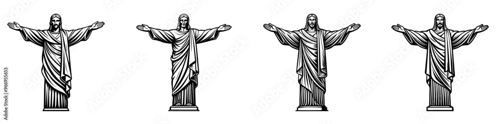 Christ the Redeemer icons set. Black silhouette of the Christ the Redeemer statue, a famous landmark of in Rio de Janeiro, Brazil. Vector illustration