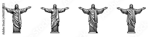 Christ the Redeemer icons set. Black silhouette of the Christ the Redeemer statue, a famous landmark of in Rio de Janeiro, Brazil. Vector illustration