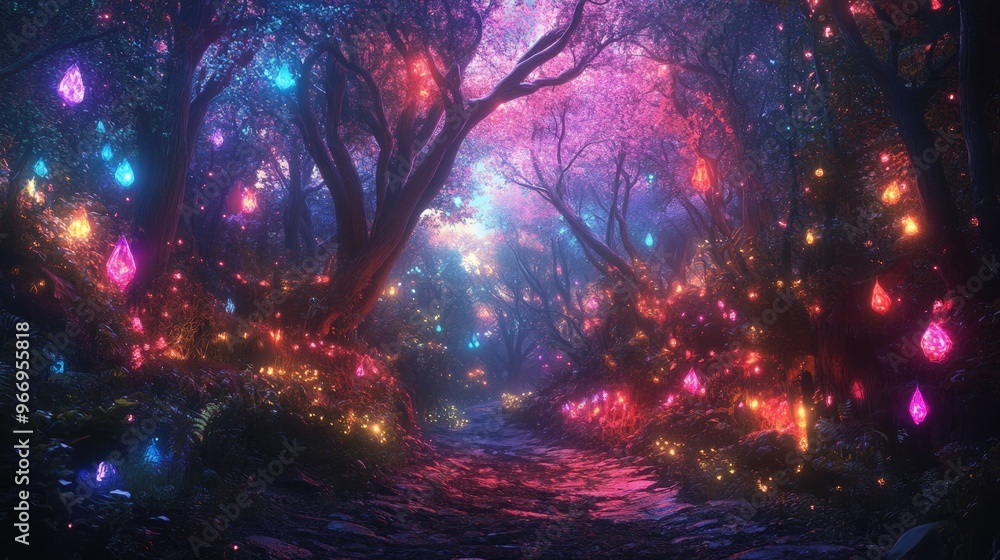 Fototapeta premium Shining neon lights in a magical forest, bringing a vibrant fairy tale mood to a dynamic, dreamlike landscape of glowing trees and foliage