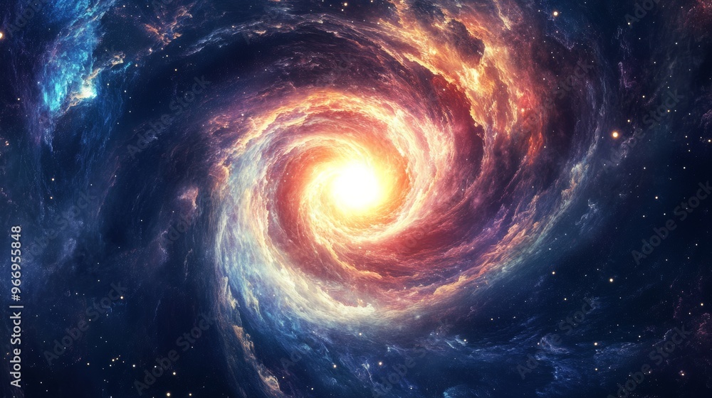 Spiral galaxy with glowing core, space background Spiral galaxy with glowing core, space background