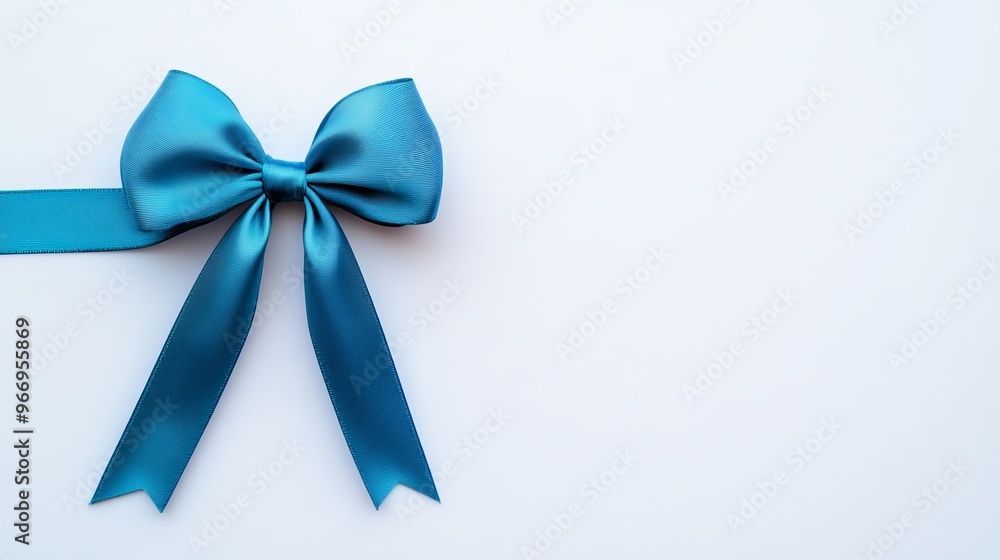 A blue bow with a ribbon, tied in a horizontal style, stands out against a plain white background. A blue bow with a ribbon, tied in a horizontal style, stands out against a plain white background.