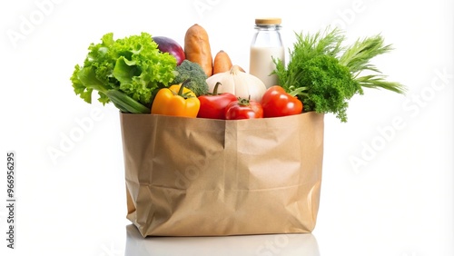 Supermarket groceries in a paper bag isolated on white background