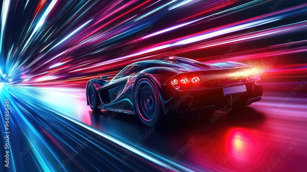 Vector illustration of a supercar with intense speed rays, racing through a dynamic futuristic background filled with energy and light Vector illustration of a supercar with intense speed rays, racing through a dynamic futuristic background filled with energy and light