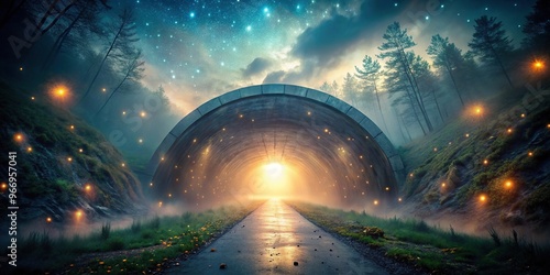 Surreal atmospheric landscape with misty tunnel and glowing lights photo