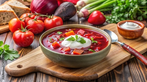 Borscht servido en un tazón con crema agria, rodeado de tomates frescos, remolacha y otras verduras sobre una tabla de cortar de madera.