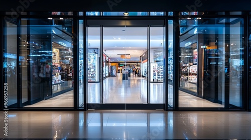 A glass door leads into a shopping mall. The automatic doors have a shiny reflection and black frames. The store outside has bright lights and displays in the windows.