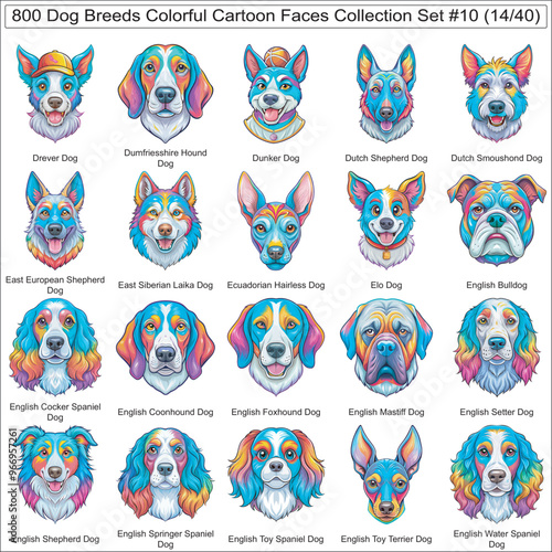 Dog Breeds Colorful Cartoon Dog Faces Collection Set of 800 Dog Faces Isolated Part 14