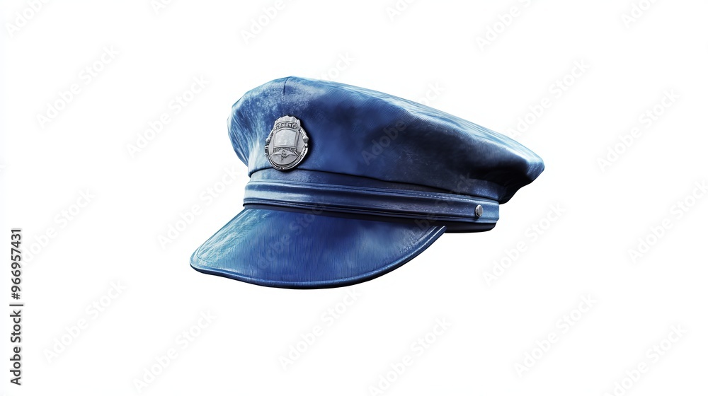 Fototapeta premium A realistic drawing of a blue police officer's cap, isolated against a white background. The cap features a badge and is designed for 3D use.