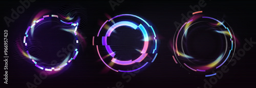 Circle frame with glitch and neon glow effect. Digital round geometric light border with vintage vhs distortion. Realistic vector illustration set of ring shape with broken retro tv bug design.