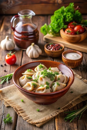 Wallpaper Mural Pelmeni (empanadillas) rusos servidos en un cuenco de cerámica con crema agria, rodeados de ingredientes frescos como ajo, hierbas y tomates en un ambiente rústico. Torontodigital.ca