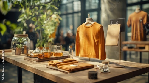 Stylish Clothing Display on a Wooden Table.