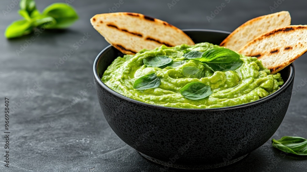 Green Avocado Dip with Toasted Bread and Basil Garnish Green Avocado Dip with Toasted Bread and Basil Garnish