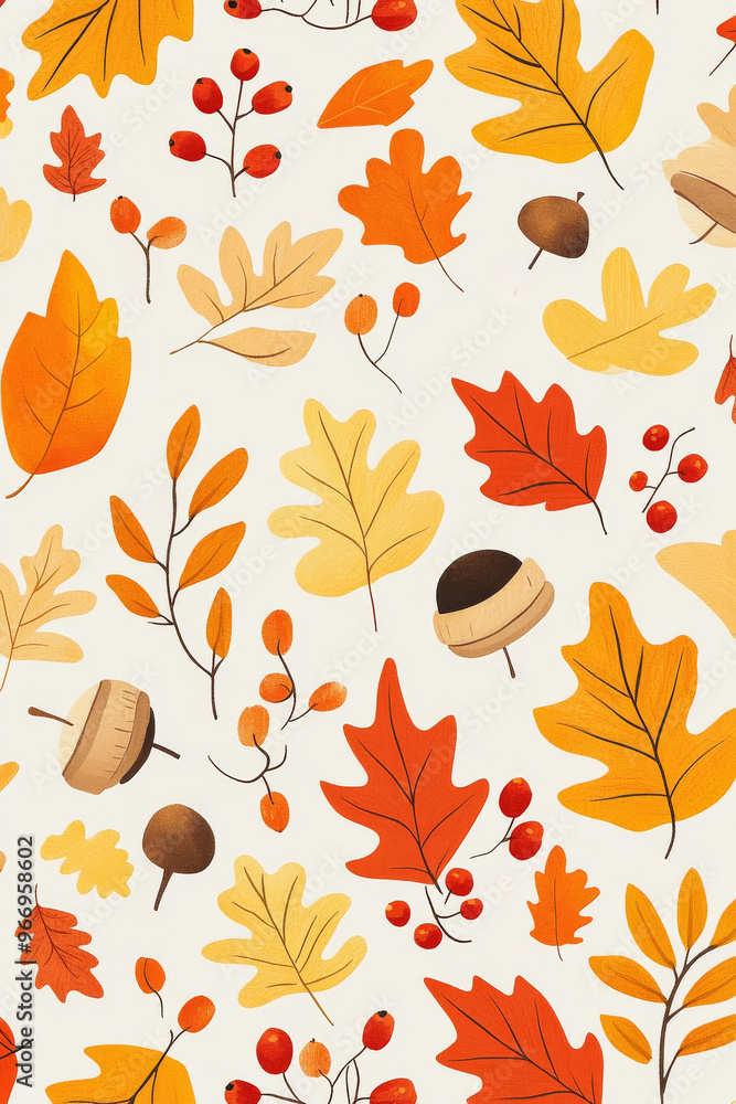 This design showcases a beautiful autumn pattern filled with acorns, oak leaves, and berries in vibrant warm colors, celebrating the essence of fall foliage This design showcases a beautiful autumn pattern filled with acorns, oak leaves, and berries in vibrant warm colors, celebrating the essence of fall foliage
